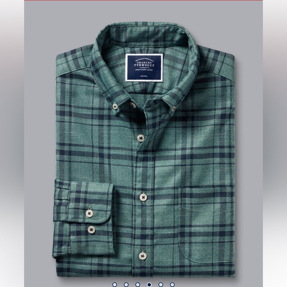 Charles Tyrwhitt Button-Down Collar Non-Iron Twill Large Check Shirt- Teal Green - Picture 4 of 6